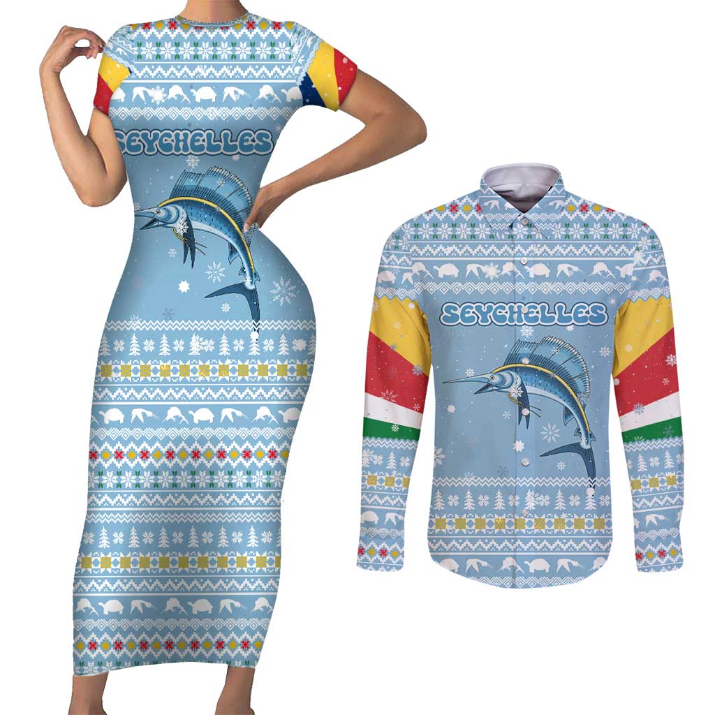 Seychelles Christmas Couples Matching Short Sleeve Bodycon Dress and Long Sleeve Button Shirt with Ocean Blue Pattern, Marlin Fish Artwork, and Surfing Santa Motif - Wonder Print Shop