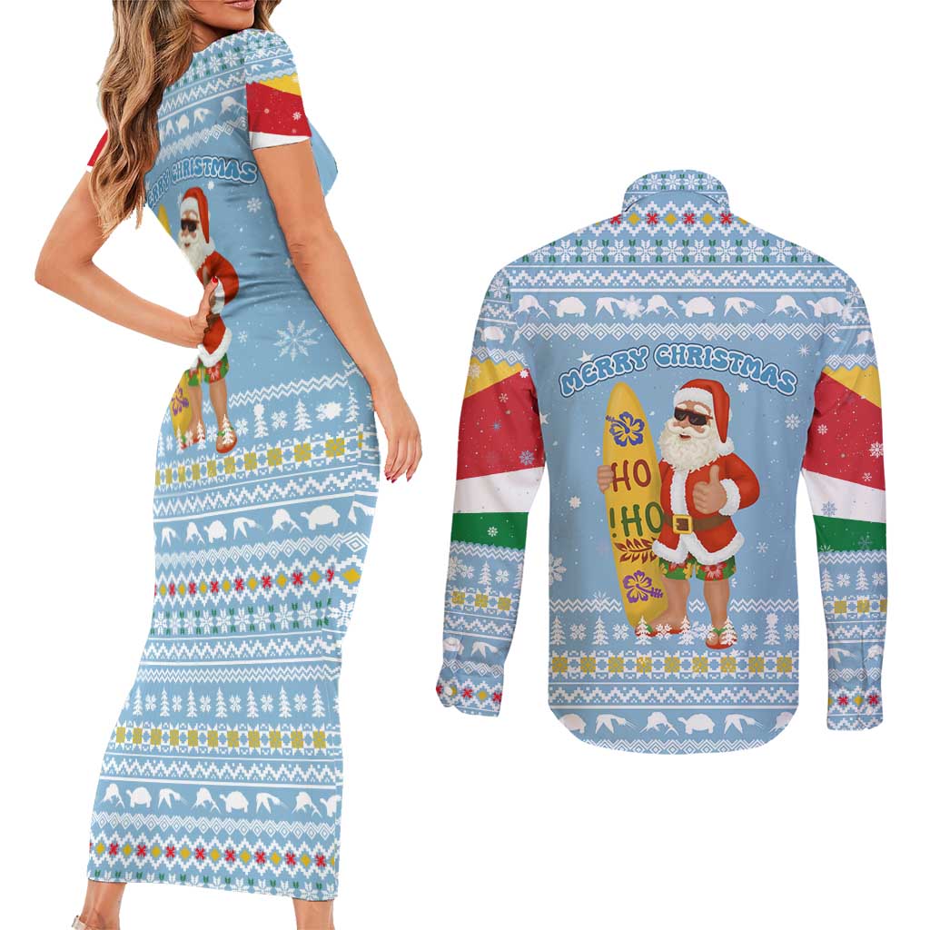 Seychelles Christmas Couples Matching Short Sleeve Bodycon Dress and Long Sleeve Button Shirt with Ocean Blue Pattern, Marlin Fish Artwork, and Surfing Santa Motif - Wonder Print Shop