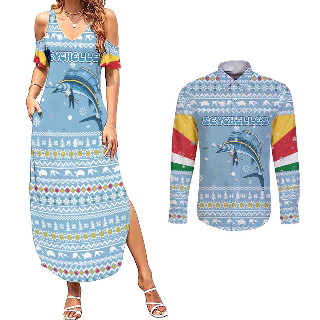 Seychelles Christmas Couples Matching Summer Maxi Dress and Long Sleeve Button Shirt with Ocean Blue Pattern, Marlin Fish Artwork, and Surfing Santa Motif - Wonder Print Shop