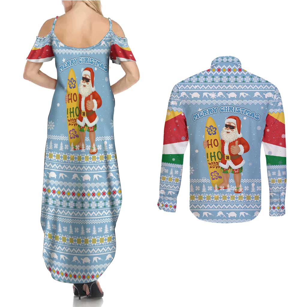 Seychelles Christmas Couples Matching Summer Maxi Dress and Long Sleeve Button Shirt with Ocean Blue Pattern, Marlin Fish Artwork, and Surfing Santa Motif - Wonder Print Shop