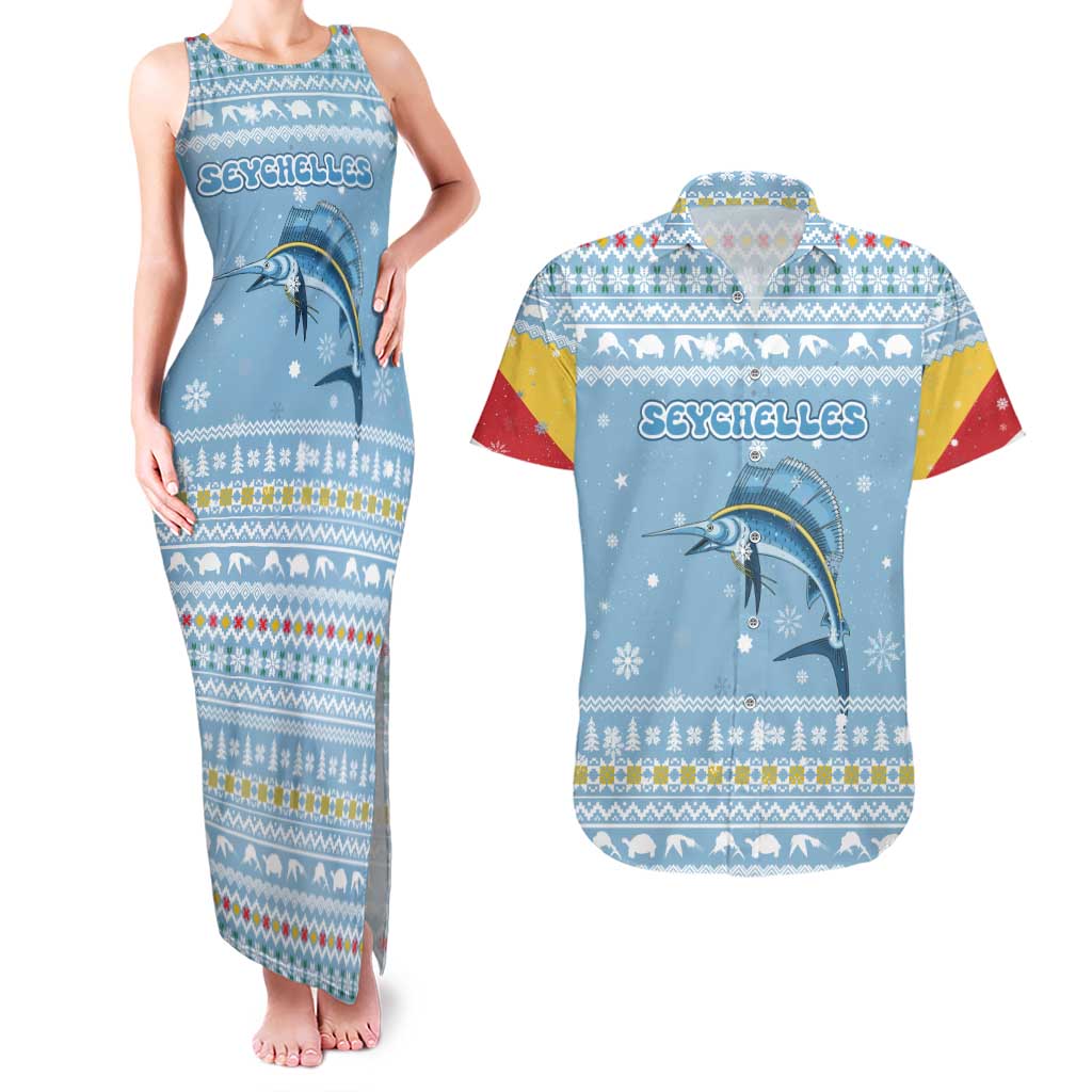 Seychelles Christmas Couples Matching Tank Maxi Dress and Hawaiian Shirt with Ocean Blue Pattern, Marlin Fish Artwork, and Surfing Santa Motif - Wonder Print Shop