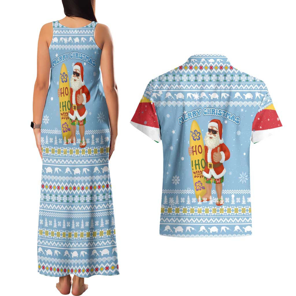Seychelles Christmas Couples Matching Tank Maxi Dress and Hawaiian Shirt with Ocean Blue Pattern, Marlin Fish Artwork, and Surfing Santa Motif - Wonder Print Shop
