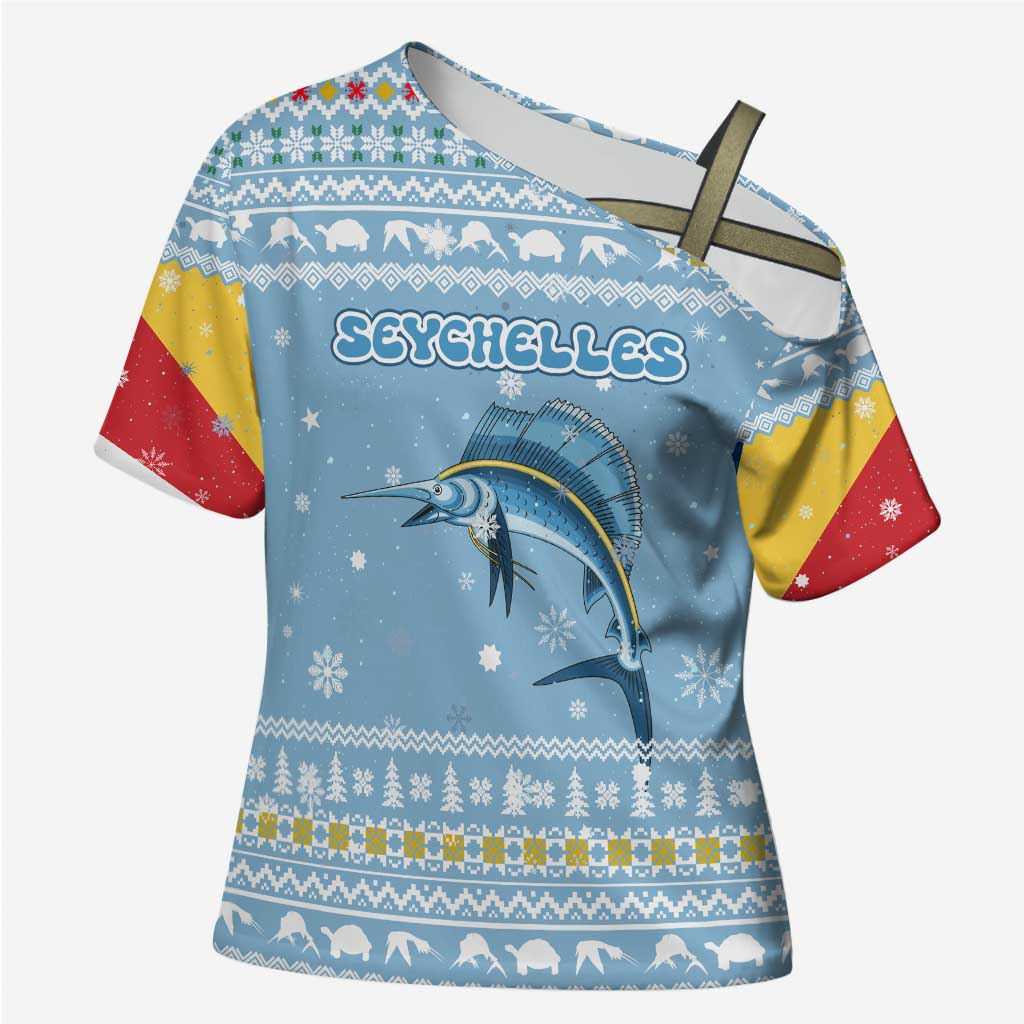 Seychelles Christmas Cross Shoulder Shirt with Ocean Blue Pattern, Marlin Fish Artwork, and Surfing Santa Motif - Wonder Print Shop