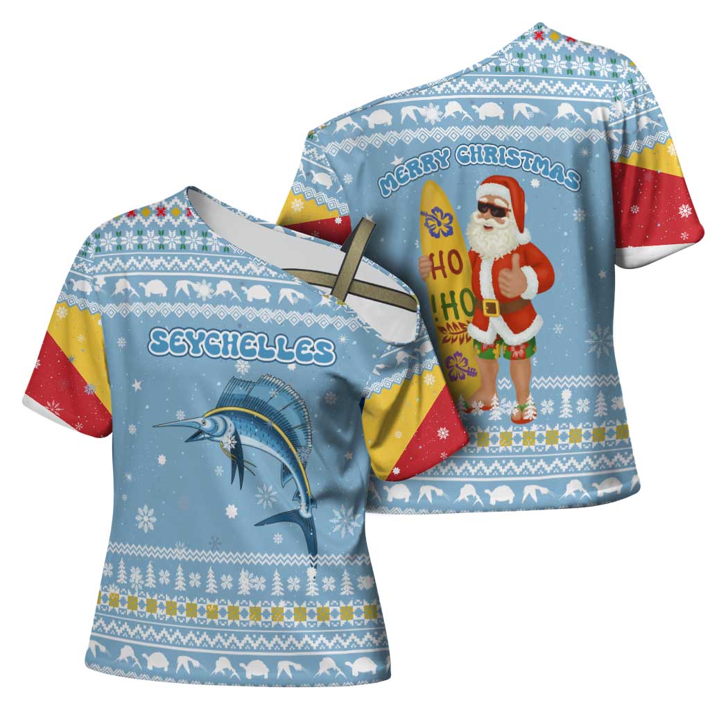 Seychelles Christmas Cross Shoulder Shirt with Ocean Blue Pattern, Marlin Fish Artwork, and Surfing Santa Motif - Wonder Print Shop