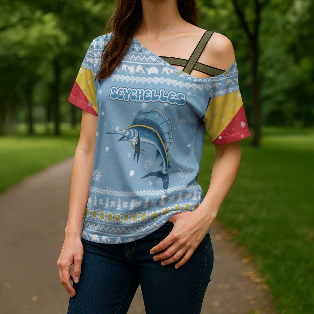 Seychelles Christmas Cross Shoulder Shirt with Ocean Blue Pattern, Marlin Fish Artwork, and Surfing Santa Motif - Wonder Print Shop