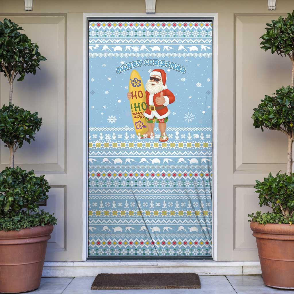 Seychelles Christmas Door Cover with Ocean Blue Pattern, Marlin Fish Artwork, and Surfing Santa Motif - Wonder Print Shop