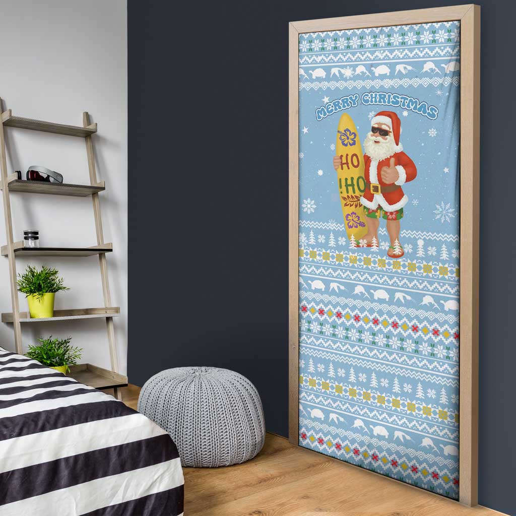 Seychelles Christmas Door Cover with Ocean Blue Pattern, Marlin Fish Artwork, and Surfing Santa Motif - Wonder Print Shop