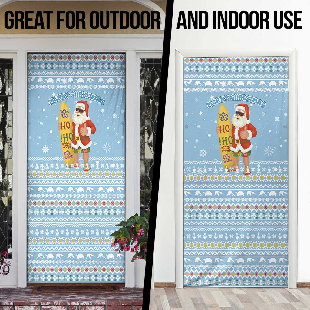 Seychelles Christmas Door Cover with Ocean Blue Pattern, Marlin Fish Artwork, and Surfing Santa Motif - Wonder Print Shop