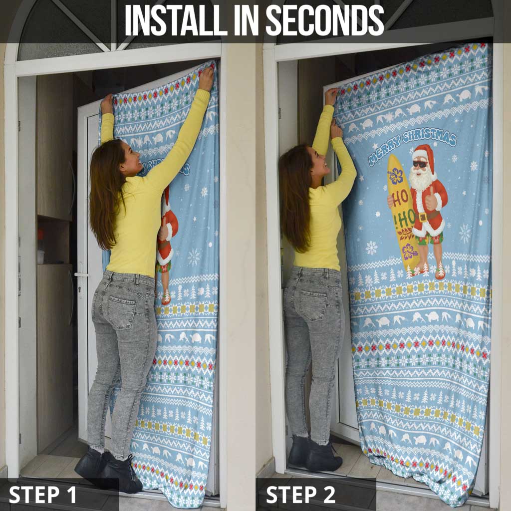 Seychelles Christmas Door Cover with Ocean Blue Pattern, Marlin Fish Artwork, and Surfing Santa Motif - Wonder Print Shop