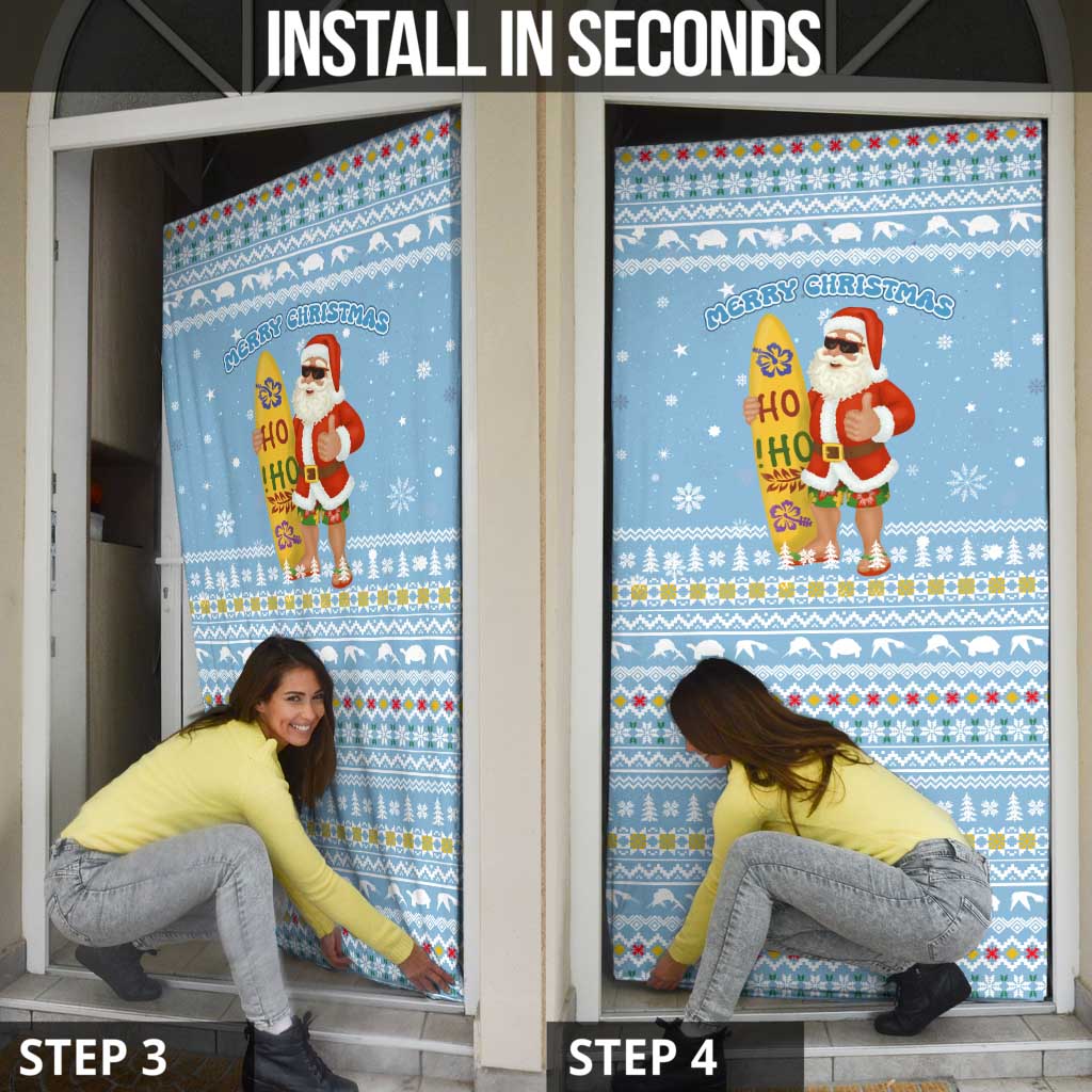 Seychelles Christmas Door Cover with Ocean Blue Pattern, Marlin Fish Artwork, and Surfing Santa Motif - Wonder Print Shop