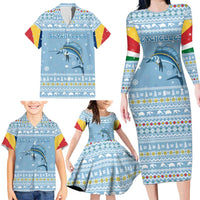 Seychelles Christmas Family Matching Long Sleeve Bodycon Dress and Hawaiian Shirt with Ocean Blue Pattern, Marlin Fish Artwork, and Surfing Santa Motif - Wonder Print Shop