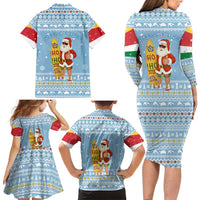 Seychelles Christmas Family Matching Long Sleeve Bodycon Dress and Hawaiian Shirt with Ocean Blue Pattern, Marlin Fish Artwork, and Surfing Santa Motif - Wonder Print Shop