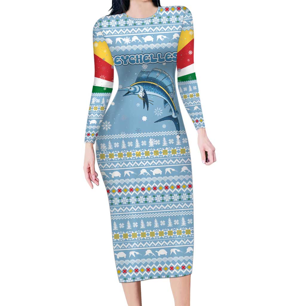 Seychelles Christmas Family Matching Long Sleeve Bodycon Dress and Hawaiian Shirt with Ocean Blue Pattern, Marlin Fish Artwork, and Surfing Santa Motif - Wonder Print Shop