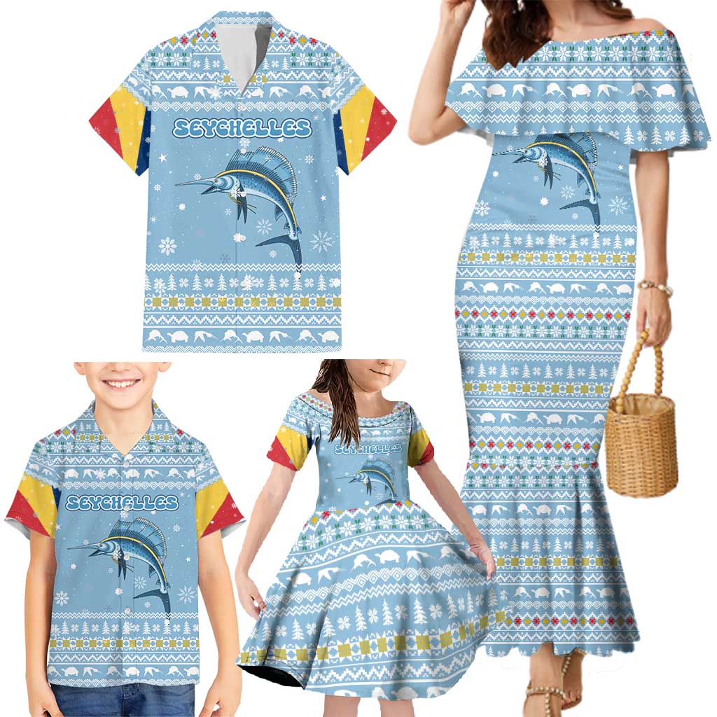 Seychelles Christmas Family Matching Mermaid Dress and Hawaiian Shirt with Ocean Blue Pattern, Marlin Fish Artwork, and Surfing Santa Motif - Wonder Print Shop