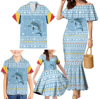 Seychelles Christmas Family Matching Mermaid Dress and Hawaiian Shirt with Ocean Blue Pattern, Marlin Fish Artwork, and Surfing Santa Motif - Wonder Print Shop