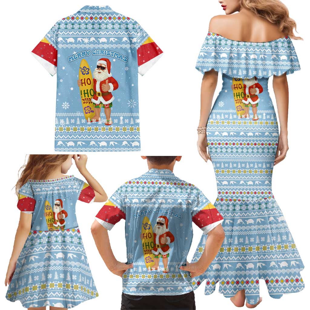 Seychelles Christmas Family Matching Mermaid Dress and Hawaiian Shirt with Ocean Blue Pattern, Marlin Fish Artwork, and Surfing Santa Motif - Wonder Print Shop