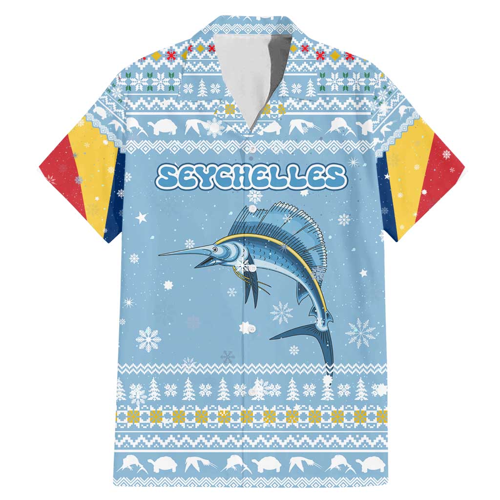 Seychelles Christmas Family Matching Mermaid Dress and Hawaiian Shirt with Ocean Blue Pattern, Marlin Fish Artwork, and Surfing Santa Motif - Wonder Print Shop