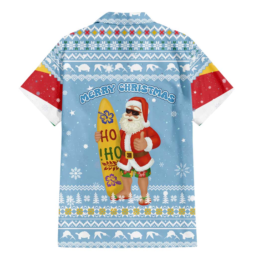 Seychelles Christmas Family Matching Mermaid Dress and Hawaiian Shirt with Ocean Blue Pattern, Marlin Fish Artwork, and Surfing Santa Motif - Wonder Print Shop
