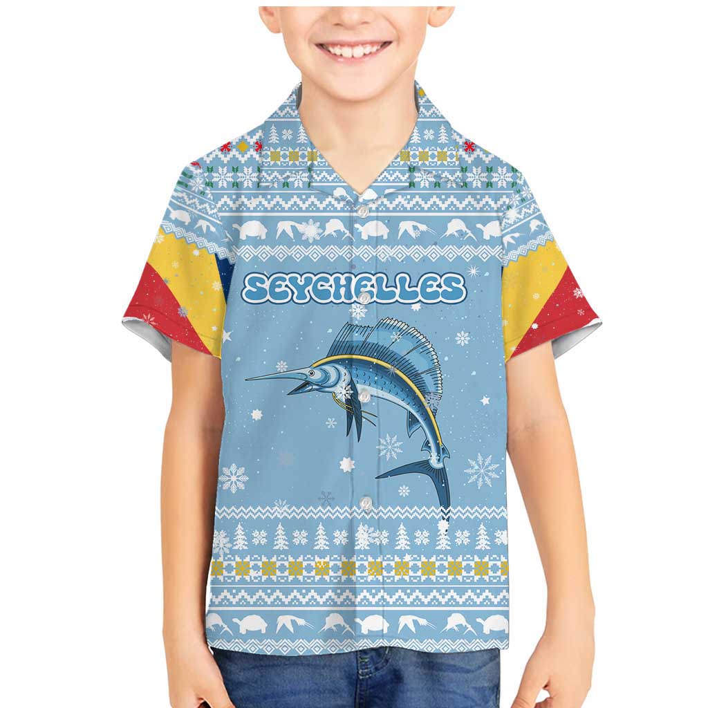 Seychelles Christmas Family Matching Mermaid Dress and Hawaiian Shirt with Ocean Blue Pattern, Marlin Fish Artwork, and Surfing Santa Motif - Wonder Print Shop