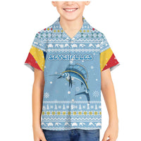 Seychelles Christmas Family Matching Mermaid Dress and Hawaiian Shirt with Ocean Blue Pattern, Marlin Fish Artwork, and Surfing Santa Motif - Wonder Print Shop