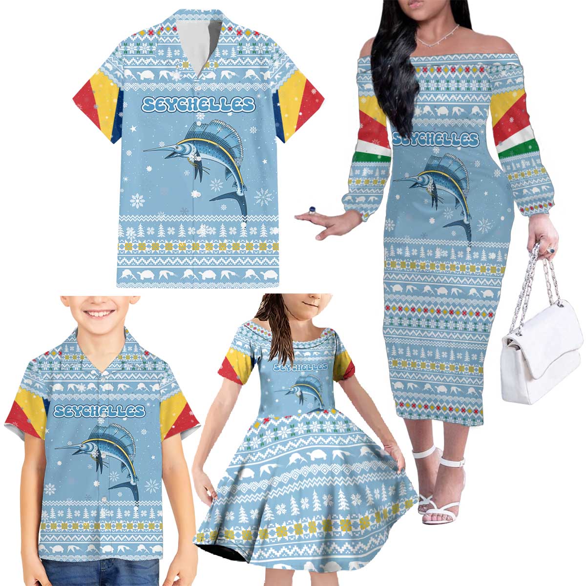Seychelles Christmas Family Matching Off The Shoulder Long Sleeve Dress and Hawaiian Shirt with Ocean Blue Pattern, Marlin Fish Artwork, and Surfing Santa Motif - Wonder Print Shop