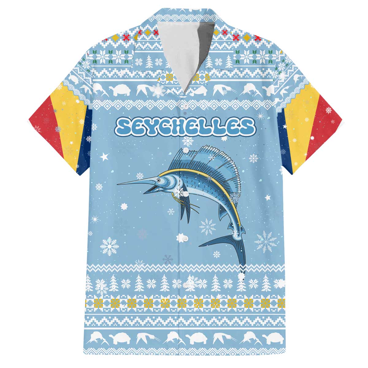 Seychelles Christmas Family Matching Off The Shoulder Long Sleeve Dress and Hawaiian Shirt with Ocean Blue Pattern, Marlin Fish Artwork, and Surfing Santa Motif - Wonder Print Shop