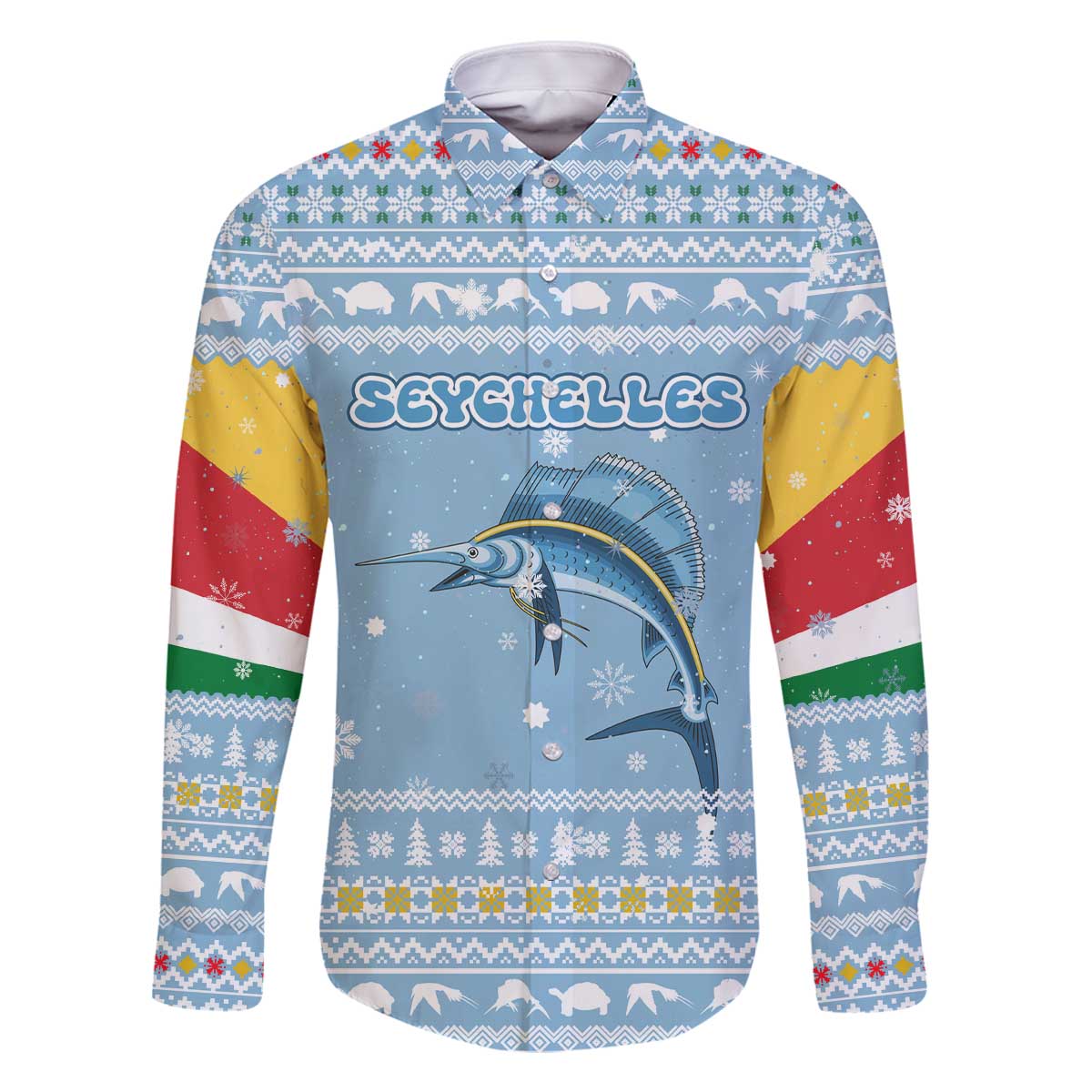 Seychelles Christmas Family Matching Off The Shoulder Long Sleeve Dress and Hawaiian Shirt with Ocean Blue Pattern, Marlin Fish Artwork, and Surfing Santa Motif - Wonder Print Shop