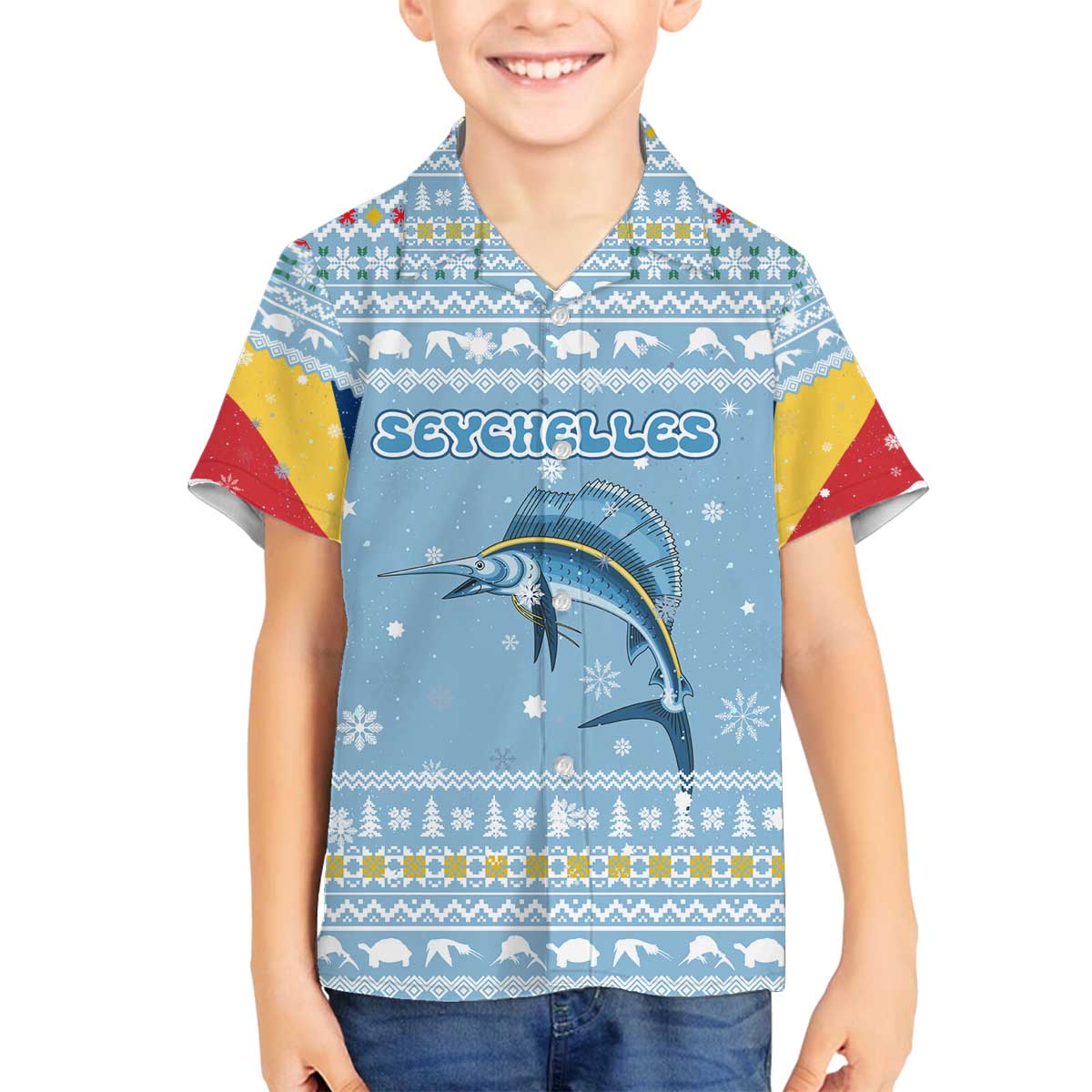 Seychelles Christmas Family Matching Off The Shoulder Long Sleeve Dress and Hawaiian Shirt with Ocean Blue Pattern, Marlin Fish Artwork, and Surfing Santa Motif - Wonder Print Shop