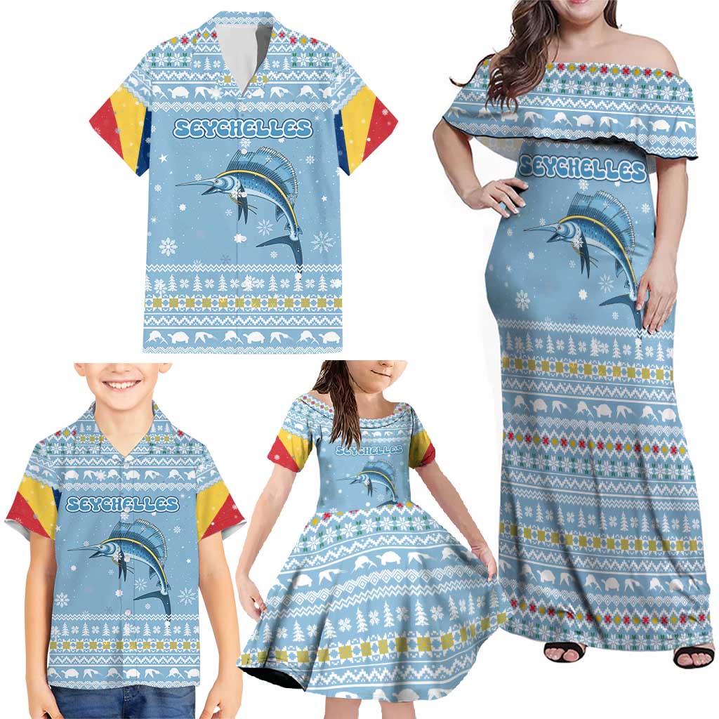 Seychelles Christmas Family Matching Off Shoulder Maxi Dress and Hawaiian Shirt with Ocean Blue Pattern, Marlin Fish Artwork, and Surfing Santa Motif - Wonder Print Shop