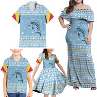 Seychelles Christmas Family Matching Off Shoulder Maxi Dress and Hawaiian Shirt with Ocean Blue Pattern, Marlin Fish Artwork, and Surfing Santa Motif - Wonder Print Shop