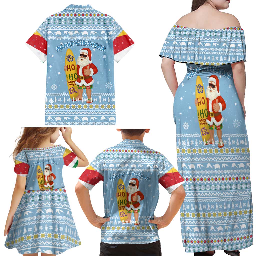 Seychelles Christmas Family Matching Off Shoulder Maxi Dress and Hawaiian Shirt with Ocean Blue Pattern, Marlin Fish Artwork, and Surfing Santa Motif - Wonder Print Shop