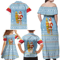 Seychelles Christmas Family Matching Off Shoulder Maxi Dress and Hawaiian Shirt with Ocean Blue Pattern, Marlin Fish Artwork, and Surfing Santa Motif - Wonder Print Shop
