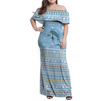 Seychelles Christmas Family Matching Off Shoulder Maxi Dress and Hawaiian Shirt with Ocean Blue Pattern, Marlin Fish Artwork, and Surfing Santa Motif - Wonder Print Shop