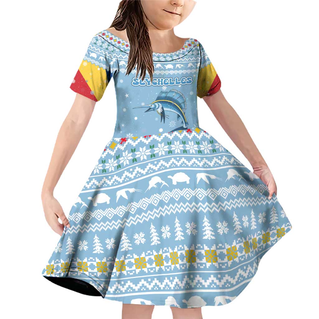 Seychelles Christmas Family Matching Off Shoulder Short Dress and Hawaiian Shirt with Ocean Blue Pattern, Marlin Fish Artwork, and Surfing Santa Motif - Wonder Print Shop