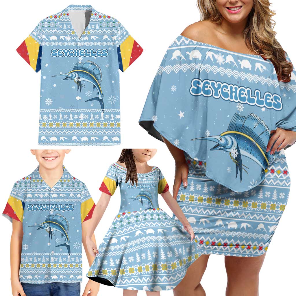 Seychelles Christmas Family Matching Off Shoulder Short Dress and Hawaiian Shirt with Ocean Blue Pattern, Marlin Fish Artwork, and Surfing Santa Motif - Wonder Print Shop