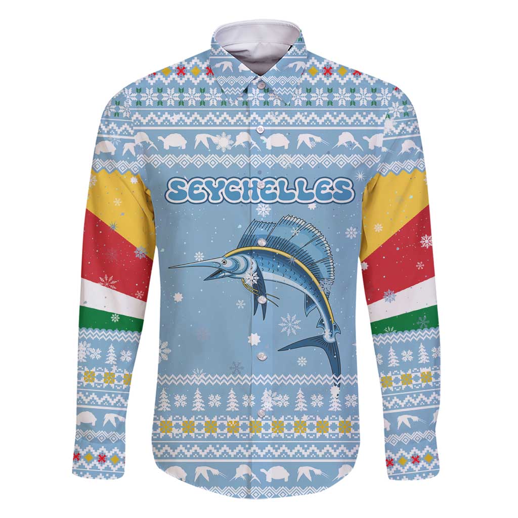 Seychelles Christmas Family Matching Off Shoulder Short Dress and Hawaiian Shirt with Ocean Blue Pattern, Marlin Fish Artwork, and Surfing Santa Motif - Wonder Print Shop