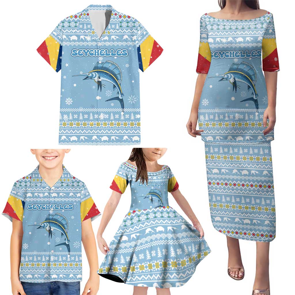 Seychelles Christmas Family Matching Puletasi and Hawaiian Shirt with Ocean Blue Pattern, Marlin Fish Artwork, and Surfing Santa Motif - Wonder Print Shop
