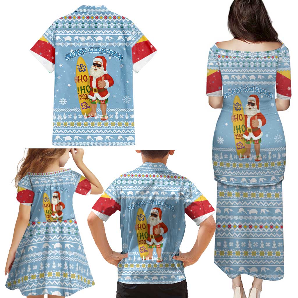 Seychelles Christmas Family Matching Puletasi and Hawaiian Shirt with Ocean Blue Pattern, Marlin Fish Artwork, and Surfing Santa Motif - Wonder Print Shop