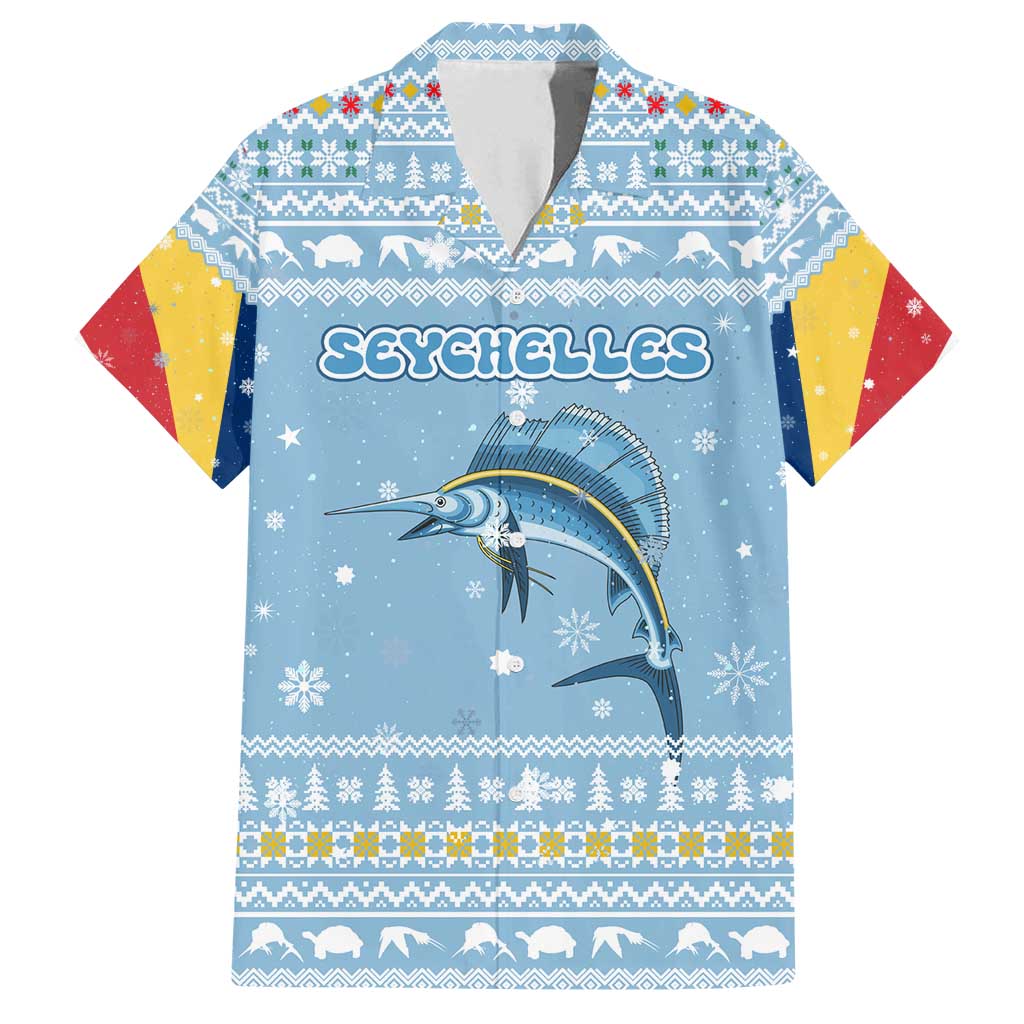 Seychelles Christmas Family Matching Puletasi and Hawaiian Shirt with Ocean Blue Pattern, Marlin Fish Artwork, and Surfing Santa Motif - Wonder Print Shop