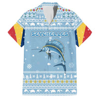 Seychelles Christmas Family Matching Puletasi and Hawaiian Shirt with Ocean Blue Pattern, Marlin Fish Artwork, and Surfing Santa Motif - Wonder Print Shop