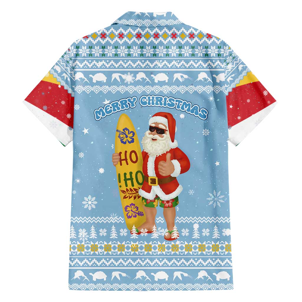 Seychelles Christmas Family Matching Puletasi and Hawaiian Shirt with Ocean Blue Pattern, Marlin Fish Artwork, and Surfing Santa Motif - Wonder Print Shop
