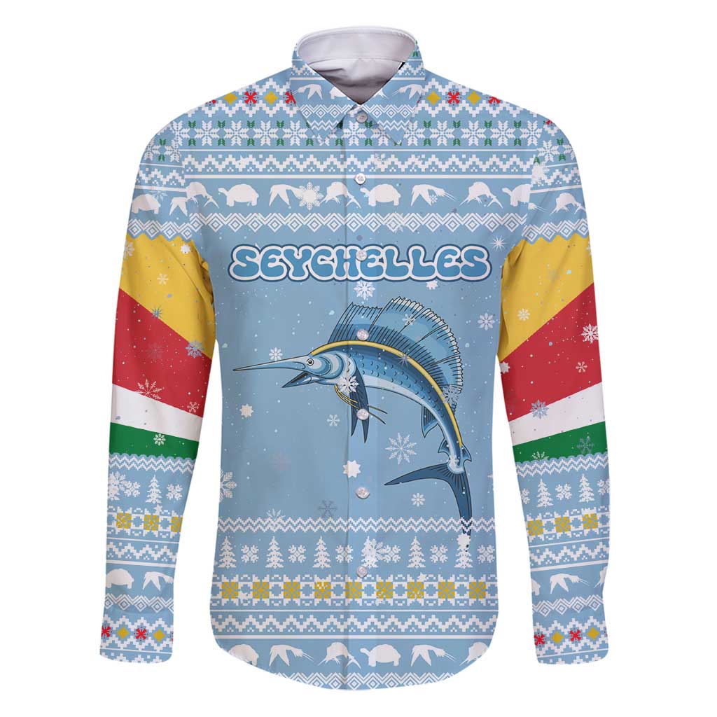 Seychelles Christmas Family Matching Puletasi and Hawaiian Shirt with Ocean Blue Pattern, Marlin Fish Artwork, and Surfing Santa Motif - Wonder Print Shop