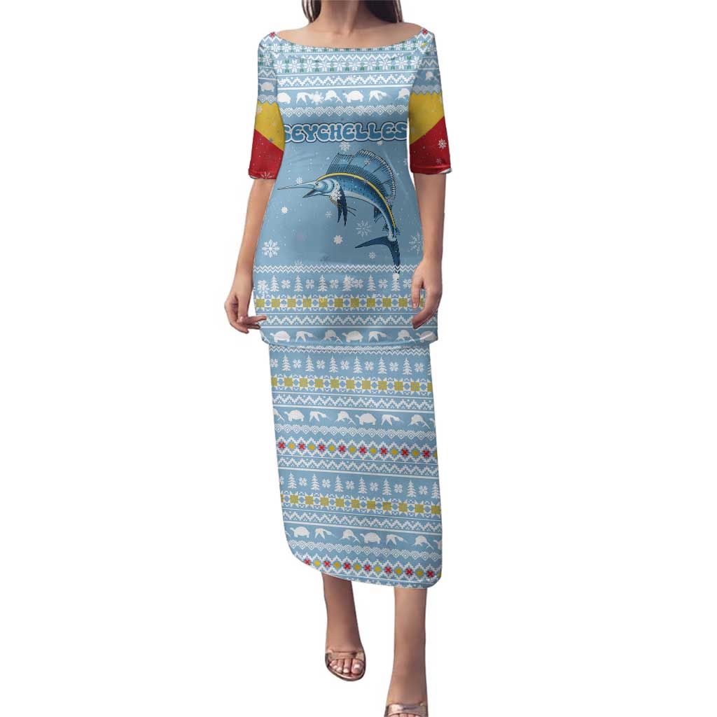 Seychelles Christmas Family Matching Puletasi and Hawaiian Shirt with Ocean Blue Pattern, Marlin Fish Artwork, and Surfing Santa Motif - Wonder Print Shop