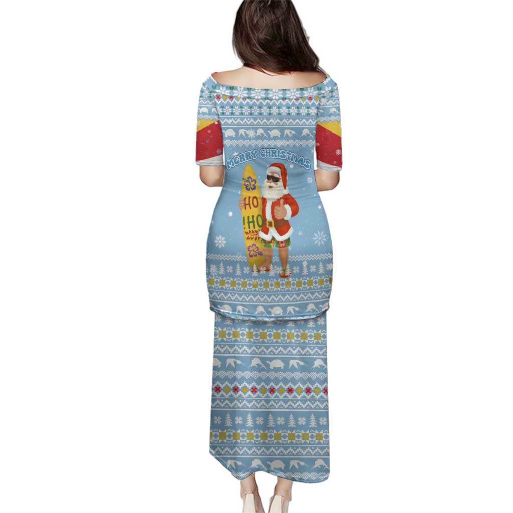 Seychelles Christmas Family Matching Puletasi and Hawaiian Shirt with Ocean Blue Pattern, Marlin Fish Artwork, and Surfing Santa Motif - Wonder Print Shop