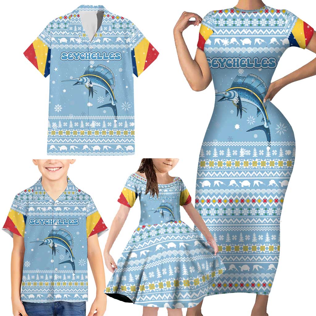 Seychelles Christmas Family Matching Short Sleeve Bodycon Dress and Hawaiian Shirt with Ocean Blue Pattern, Marlin Fish Artwork, and Surfing Santa Motif - Wonder Print Shop