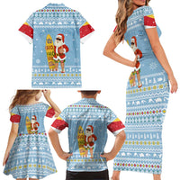 Seychelles Christmas Family Matching Short Sleeve Bodycon Dress and Hawaiian Shirt with Ocean Blue Pattern, Marlin Fish Artwork, and Surfing Santa Motif - Wonder Print Shop