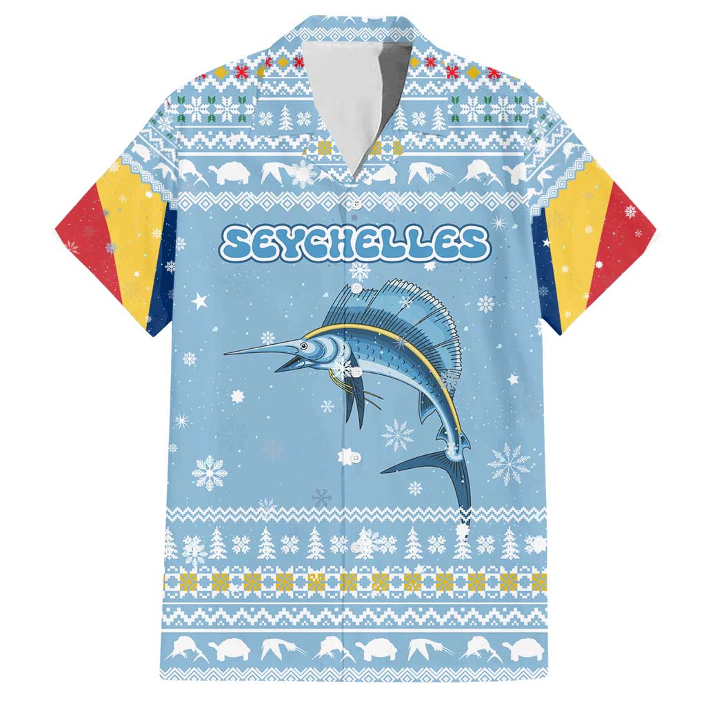 Seychelles Christmas Family Matching Short Sleeve Bodycon Dress and Hawaiian Shirt with Ocean Blue Pattern, Marlin Fish Artwork, and Surfing Santa Motif - Wonder Print Shop