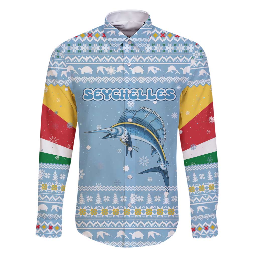 Seychelles Christmas Family Matching Short Sleeve Bodycon Dress and Hawaiian Shirt with Ocean Blue Pattern, Marlin Fish Artwork, and Surfing Santa Motif - Wonder Print Shop