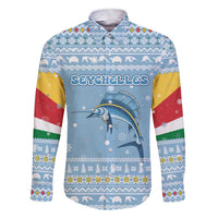 Seychelles Christmas Family Matching Short Sleeve Bodycon Dress and Hawaiian Shirt with Ocean Blue Pattern, Marlin Fish Artwork, and Surfing Santa Motif - Wonder Print Shop