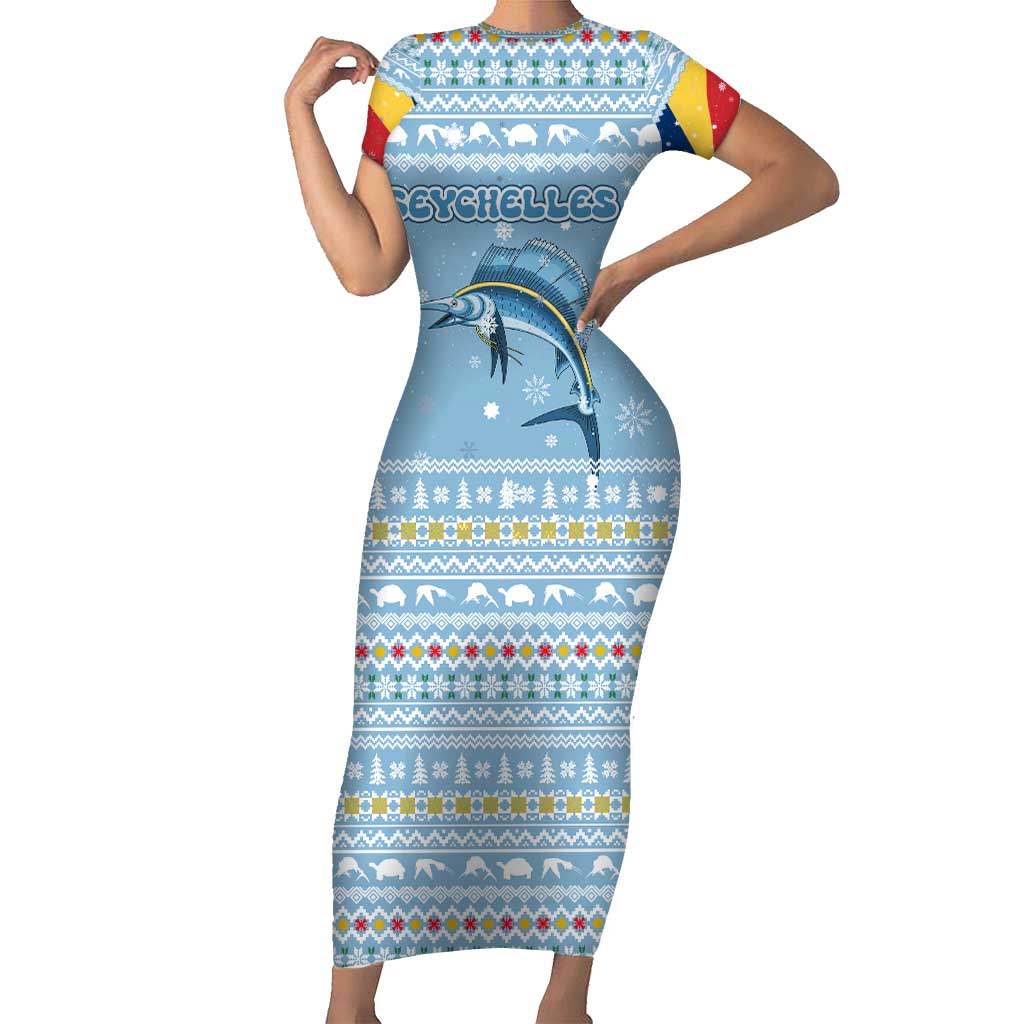 Seychelles Christmas Family Matching Short Sleeve Bodycon Dress and Hawaiian Shirt with Ocean Blue Pattern, Marlin Fish Artwork, and Surfing Santa Motif - Wonder Print Shop